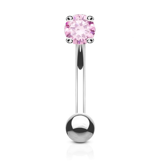 Bague pour Sourcils Barre Courbée en Or Massif 14K avec Zircone Cubique Ronde à Griffes