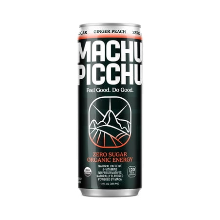 Machu Picchu Energy Drink Zero Sugar, Organic Ginger Peach, 12 fl oz