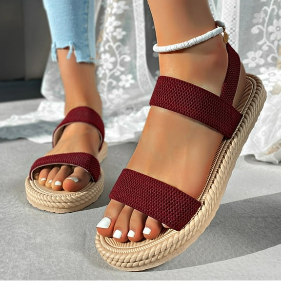 SBYOJLPB Sandals for Women 2025!Women's Large Size Retro Flat-bottomed Sandals Sandals with Elastic Or Feet. Wine 9.5(43)