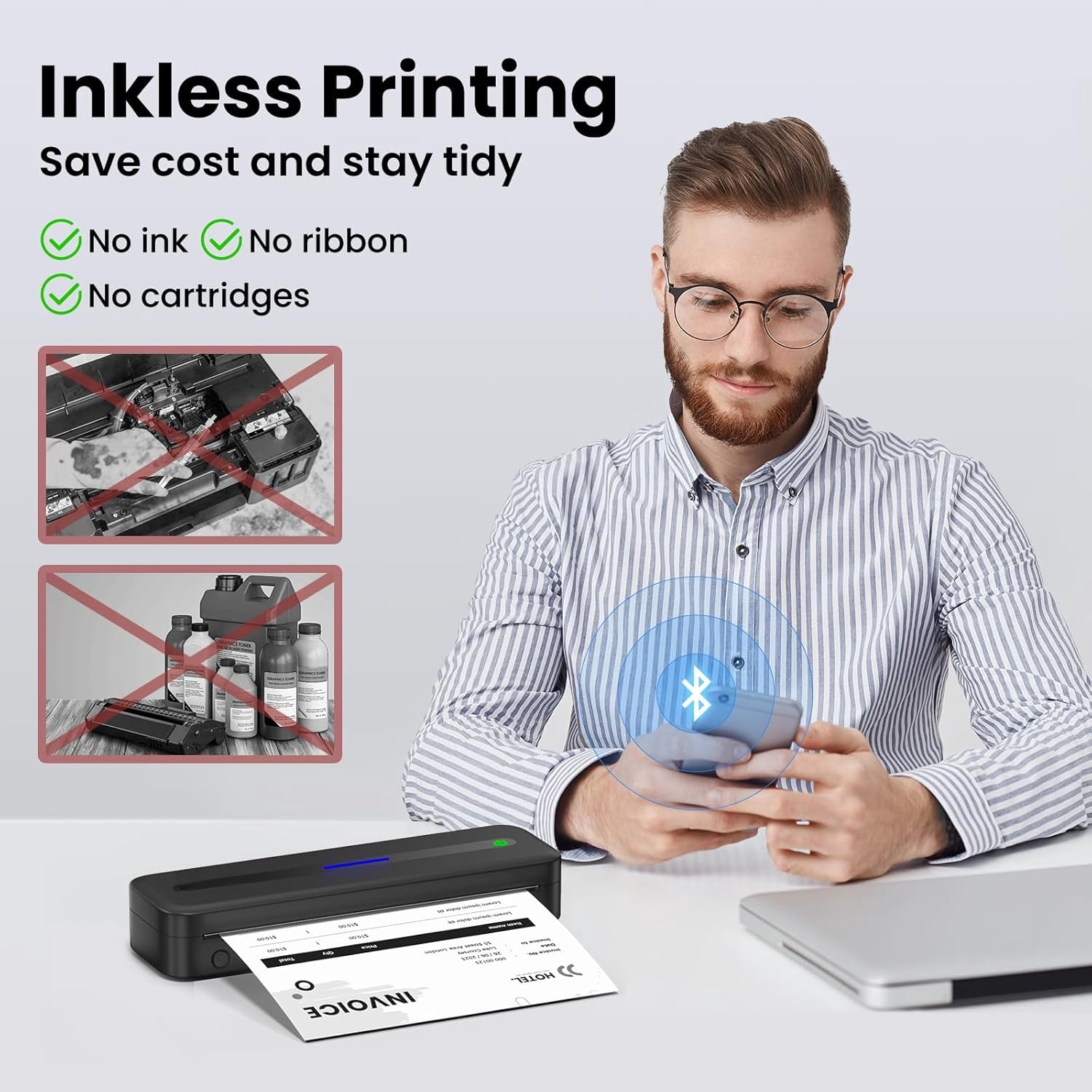 Portable Printers Wireless for Travel, M832 Inkless Bluetooth Thermal Printer Support 8.5'' x 11'' US Letter & A4 Size, Compatible with iPhone Android Laptop for Mobile Office Home, with Case
