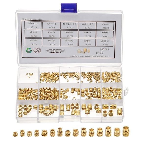 300Pack M2 M2.5 M3 M4 M5 M6 Metric Threaded Inserts Brass Heat Set Insert Knurled Nuts Assortment Kit, 3D Printing Brass Nuts Female Threaded Inserts Nuts