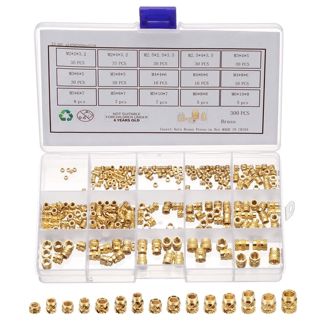 300Pack M2 M2.5 M3 M4 M5 M6 Metric Threaded Inserts Brass Heat Set Insert Knurled Nuts Assortment Kit, 3D Printing Brass Nuts Female Threaded Inserts Nuts