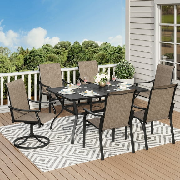 7-Piece Outdoor Patio Dining Set with 2 Swivel Chairs, 4 Fixed Chairs & Rectangular Steel Table with Umbrella Hole for 6 Person, Black & Grayish-brown