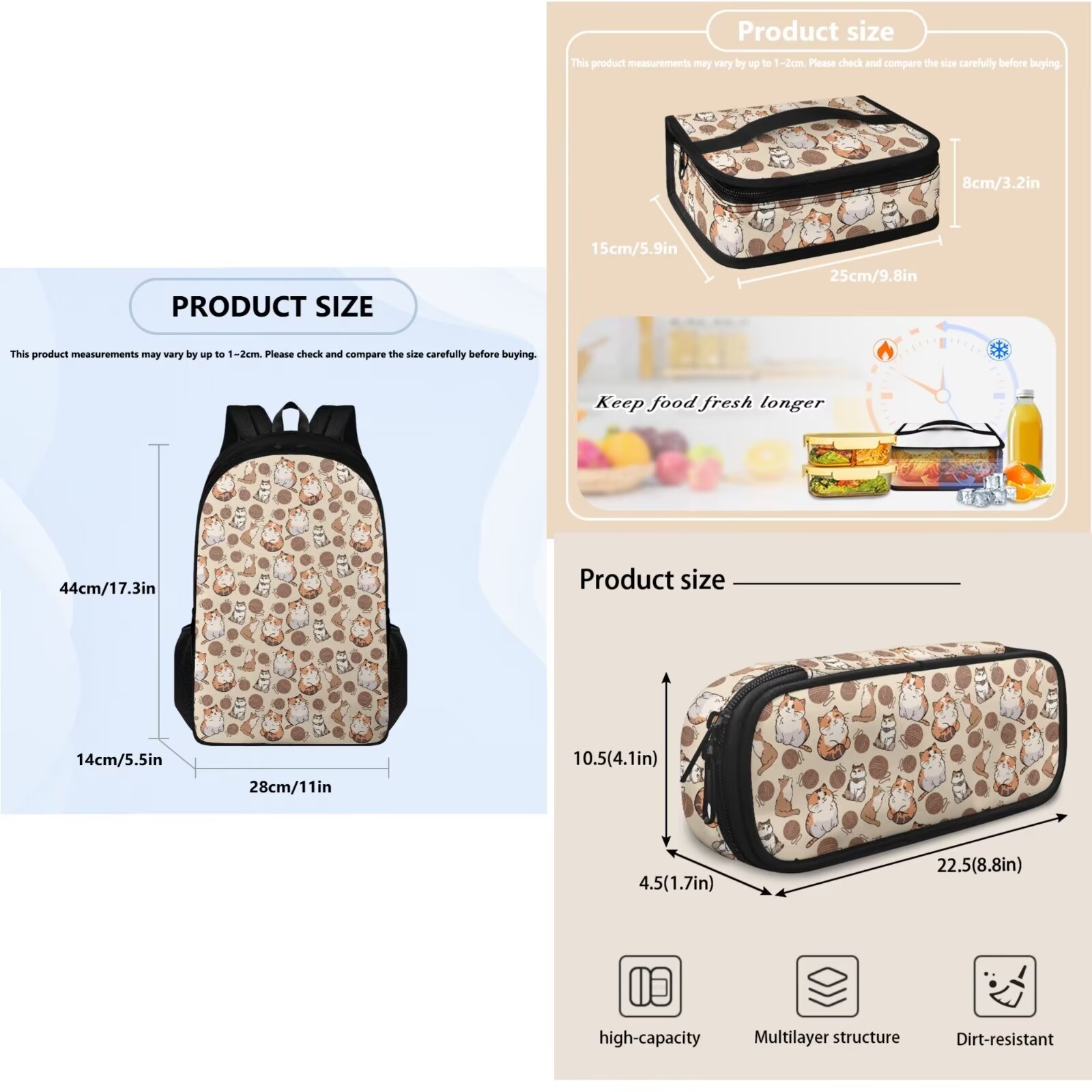 KUIFORTI Cat Pencil Case Casual Shoulder Backpack Lunch Pouch Zipper Closure 3 Pack Crossbody Bag Set