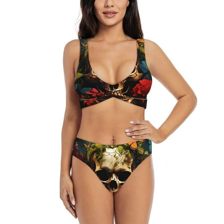 Zeuib Butterfly Flower Plant Skull High Waisted Tummy Control Bikini Set - Knot Front Push Up Top & Cheeky Thong Bottom  Two-Piece Swimsuit for Women-Medium