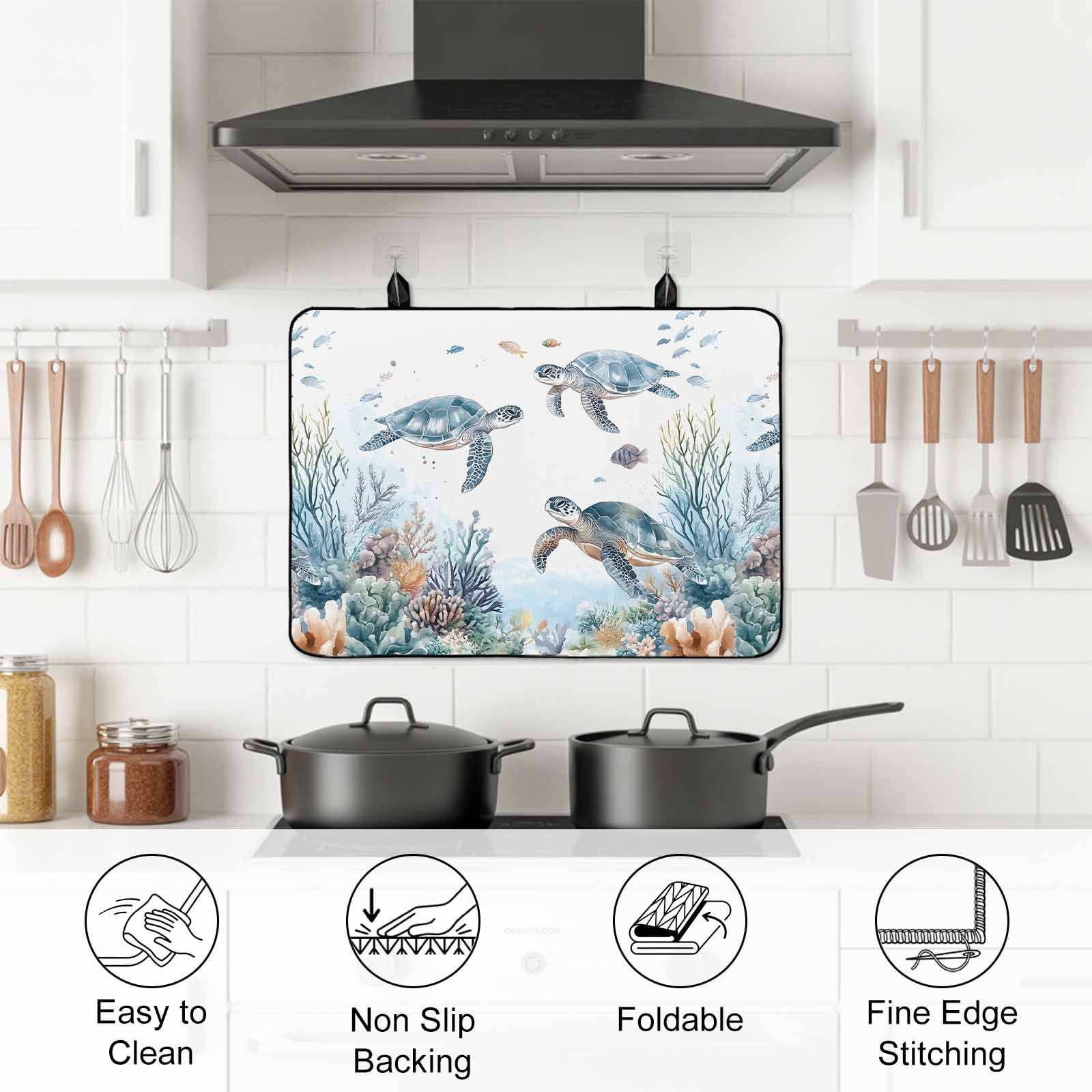 Sea Turtle Coastal Stove Top Cover for Electric Stove, Heat-proof & Non Slip Glass Top Stove Cover Protector, Summer Beach Coral Ocean Blue Nautical Kitchen Flat Cooktop Rubber Mat 24x21 Inches