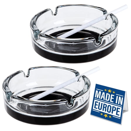 Crystalia Glass Ashtrays for Cigarettes & Cigars, Round Black-Based Crystal Ash Holder, Set of 2