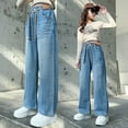 thumbnail image 6 of LIIPEE Girl Boy Jean Pants Elastic Waist Drawstring Straight Wide Leg Denim Trousers With Pockets Boys Versatile Weekend Stretch Street Outdoor Hiking Pants,Blue,13-14 Years, 6 of 9