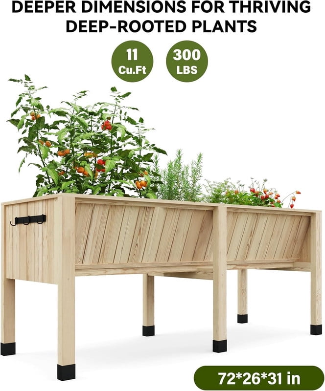 Towallmark 45x23x30 Inches Raised Garden Bed, Elevated Planter Box, Outdoor Wooden Garden Bed for Vegetables Herbs, Patio Balcony Backyard Cedar Raised Bed with Hooks and Legs