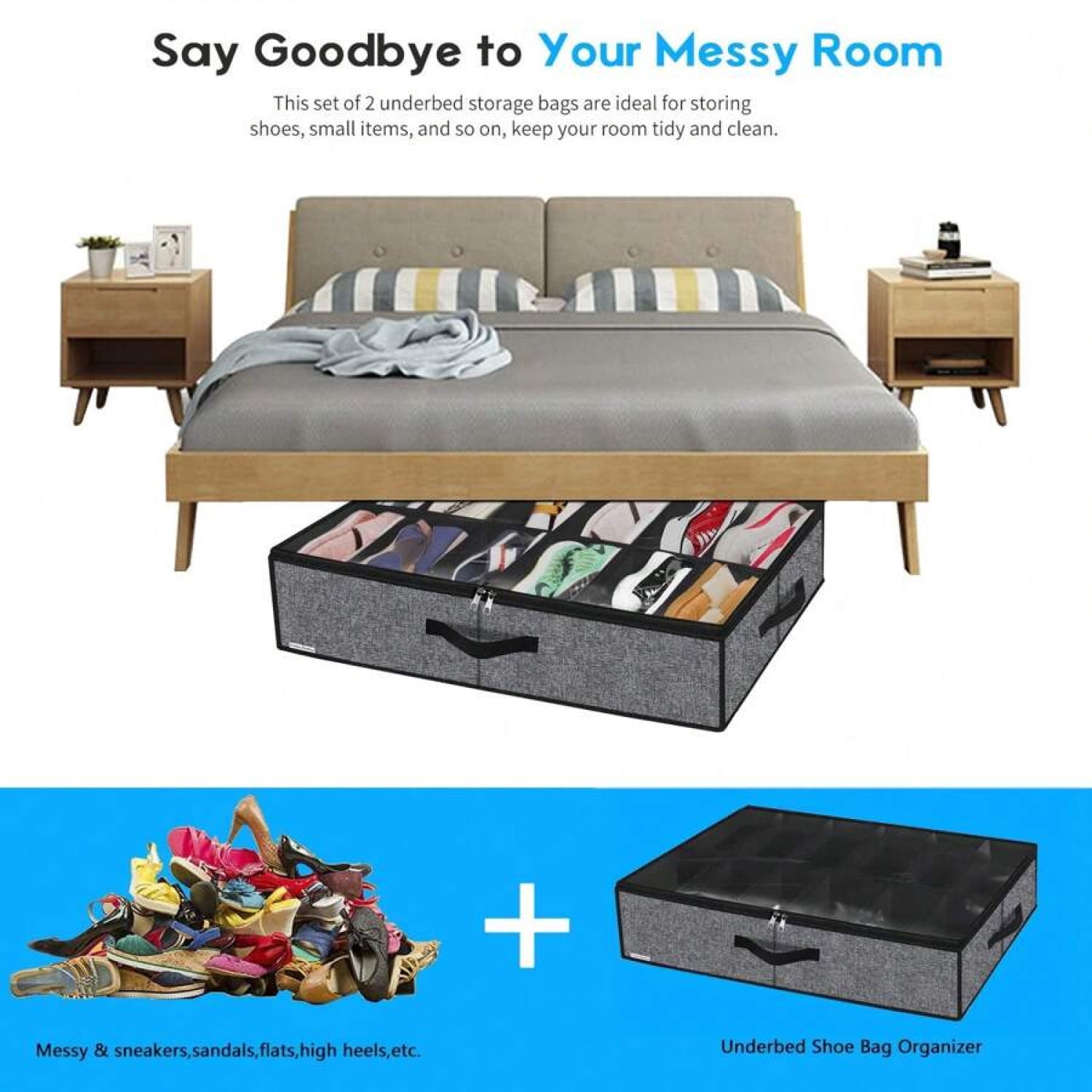 NTGFU 2 Pack Sturdy Under Bed Shoe Storage Organizers, Fit Total 24 Pairs, Large Underbed Closet Shoes Box Container Bag with Clear Cover, 29.3x23.6x5.9 Inches(Except For Men's Sports Shoes)