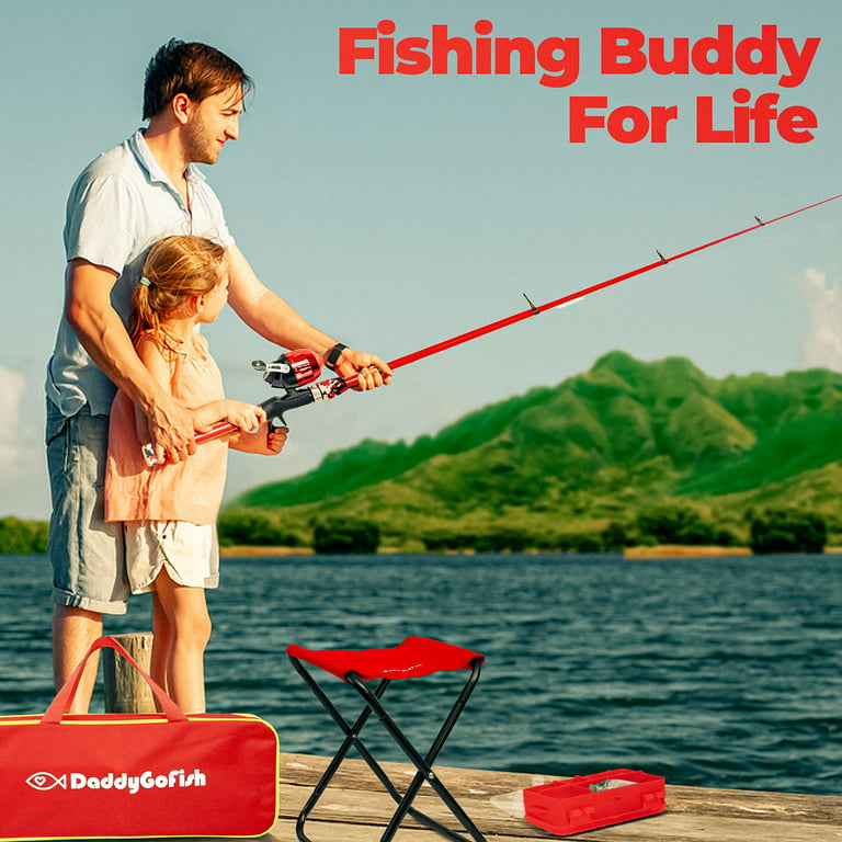 DaddyGoFish Kids Fishing Pole – Telescopic Rod & Reel Combo with Collapsible  Chair, Rod Holder, Tackle Box, Bait Net and Carry Bag for Boys and Girls  (Red, 5ft) 