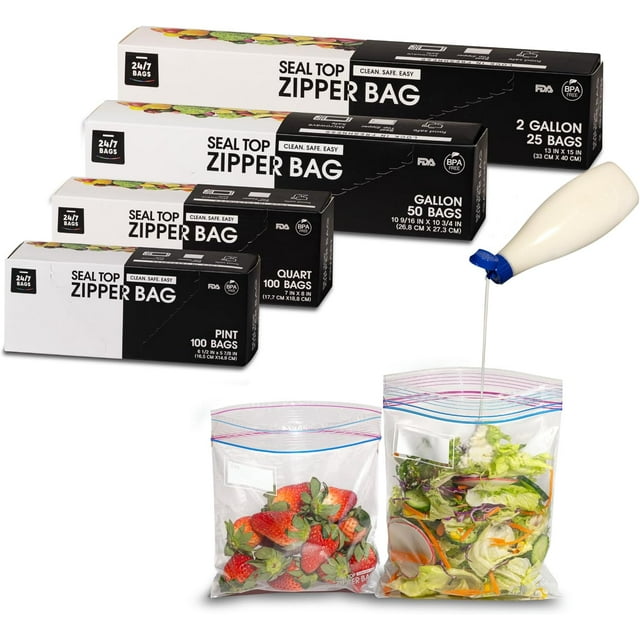 24/7 Bags- Variety Zip Storage Bags, 275 Count, 4 Sizes Including 2 Gallons, Easy Grip Open Tabs, Write-On Space, BPA-Free & Heavy Duty, Microwave Safe, Non-StandUp
