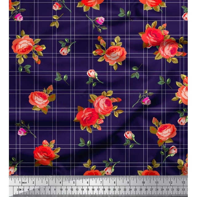 Soimoi Rayon Fabric Check,Leaves & Rose Flower Print Sewing Fabric Yard 56 Inch Wide