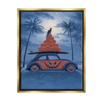 Stupell Industries Spooky Tropical Beach Pumpkin Car Holiday Painting Gold Floater Framed Art Print Wall Art