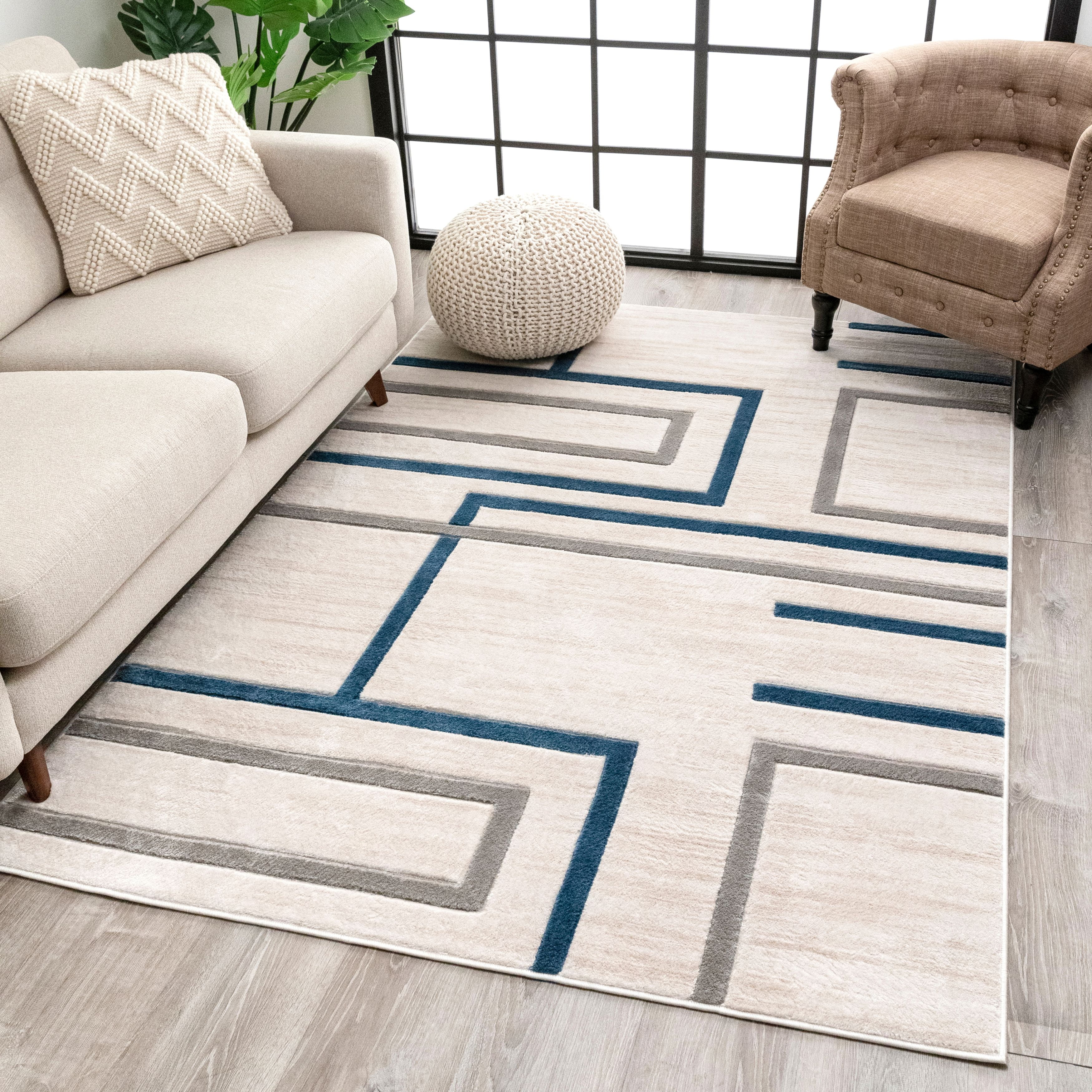 Well Woven Fiora Blue Modern Geometric Stripes & Boxes Pattern Area Rug