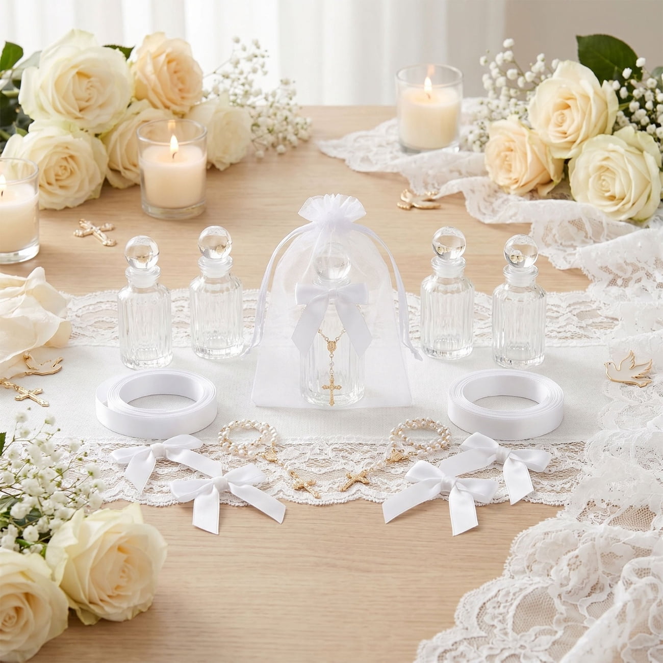24pcs Baptism Party Supplies - Includes 12 Glass Holy Bottles And 12 Cross Rosary Bracelets - with Organza Bags (Boxed) Party Supply Set, Suitable for Weddings, Communions, Religious Events