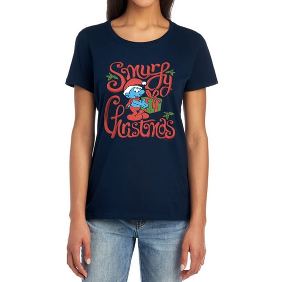 Smurfs Smurfy Christmas Gift Women's T Shirt, Navy, Medium