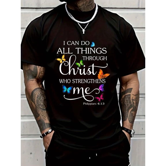 Men's Christian Faith Graphic T-Shirt, Philippians 4:13 Bible Verse Inspirational Tee, I Can Do All Things Through Christ Religious Short Sleeve Crew Neck Cotton Shirt, Church Gift