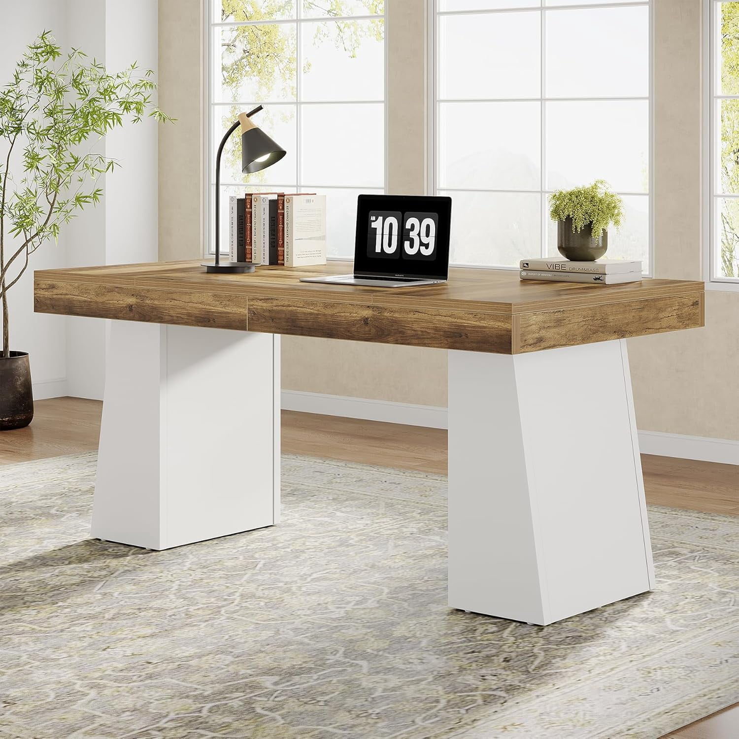 Tribesigns 55-Inch Office Desk with Double Pedestal, Modern Simple Executive Desk, Computer Table for Home Office, Brown & White