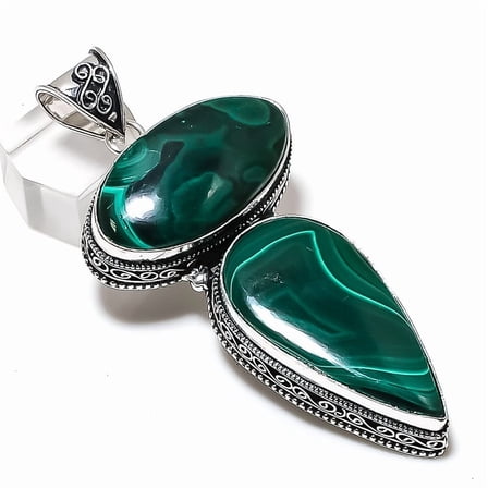 Natural Malachite Gemstone 925 Sterling Silver Jewelry Pendant 3.23"