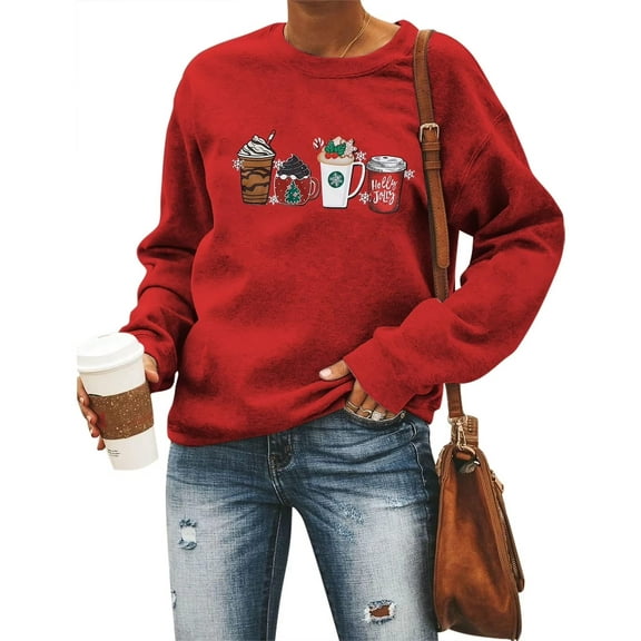 MOUSYA Christmas Coffee Sweatshirt Women Merry Christmas Shirt Ice Cream Graphic Pullover Holiday Casual Novelty Tops