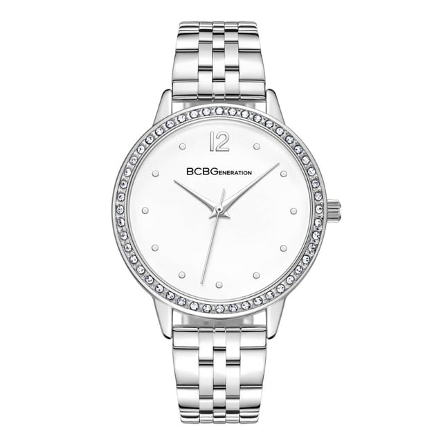 reloj bcbg max azria dama extensible de acero plateado bbwlg0036201 reloj para dama BCBG, caja 36mm y carátula blanca con número 12 y puntos como marcadores; bisel con cristales, extensible de acero plateado aprox. 27cm, resistencia al agua 30 mts, vista frontal centrada.