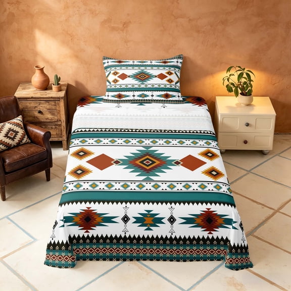 Manfei Tribal Aztec Twin Sheets, Boho Geometric Bedding, Teal, Orange and White, Black Reversible 3-Piece1 Flat Sheet 1 Fitted Sheet 1 Pillowcase