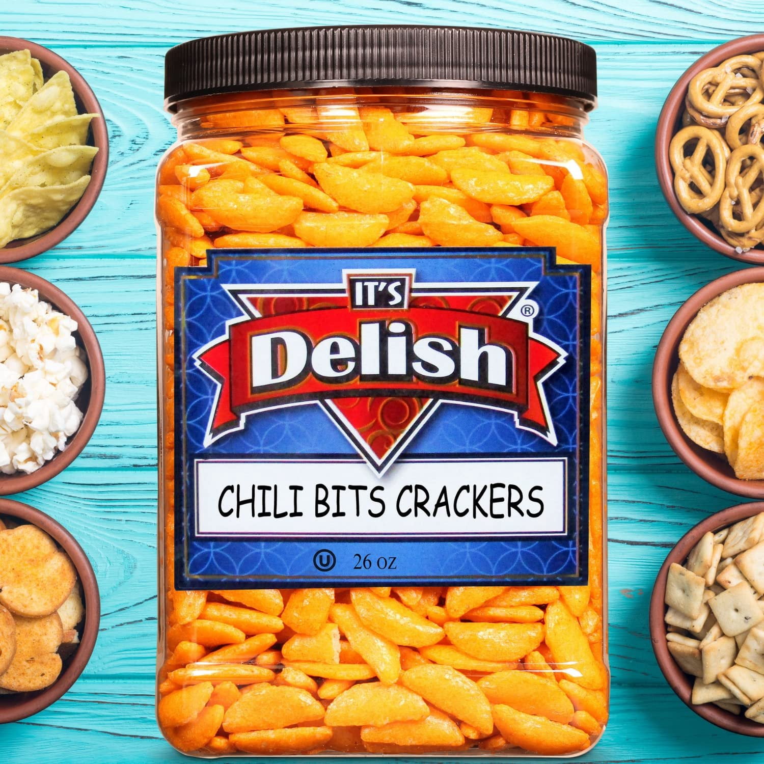 Oriental Chili Bits Rice Crackers  by Its Delish, 26 OZ Jumbo Container  Crunchy and Spicy Asian Crescent Cracker Snack Bites - Awesome for Snacks and Salad Topping  Vegan & Kosher