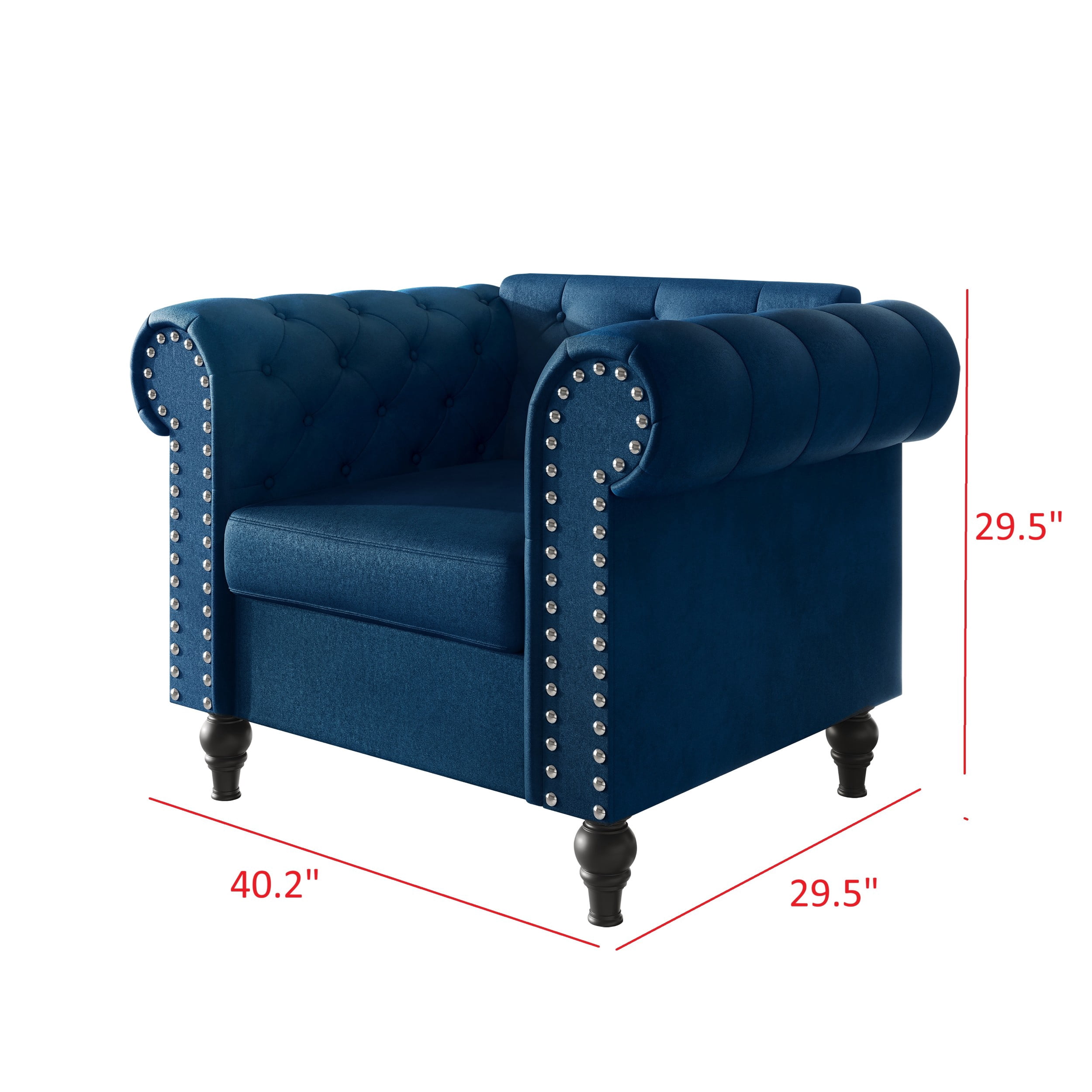 Home Design Kelso 3-Piece Velvet Living Room Set With Rolled Arm Chair, Loveseat and Sofa, Deep Button Tufting and Turned Legs, Blue