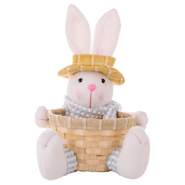 Figura de conejo de Pascua con cesta para guardar dulces, cubo para huevos, recuerdo de fiesta de Pascua