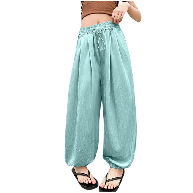 Lantern Pants for Girls, Loose Fit Ice Silk Sports Pants with Drawstring Waist, Mosquito-Proof, Breathable Polyester, Mid-Size 150 cm, Summer Long Pants