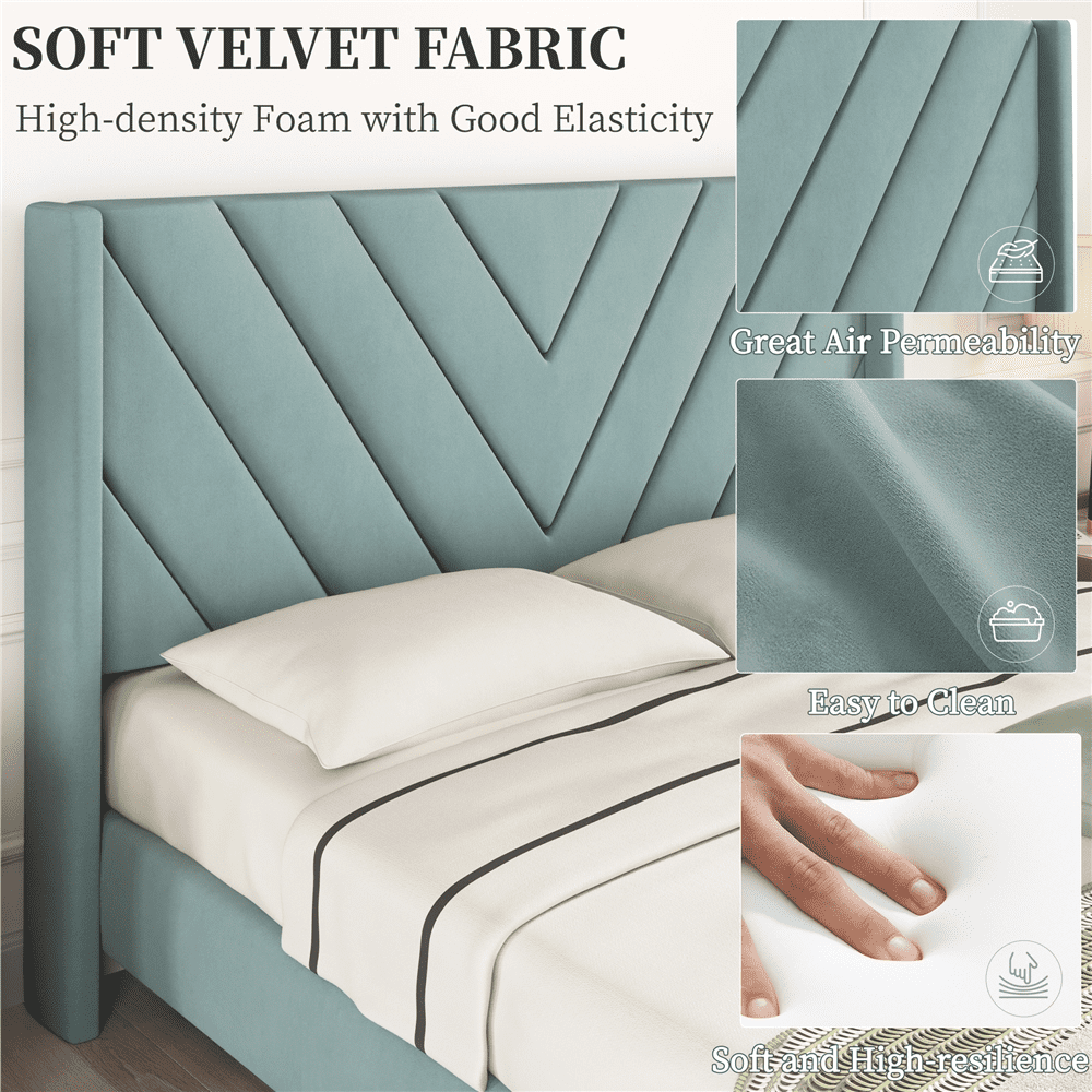 Fullfurnique Upholstered Platform Bed Frame with Tufted Headboard, Queen, Blue Lake