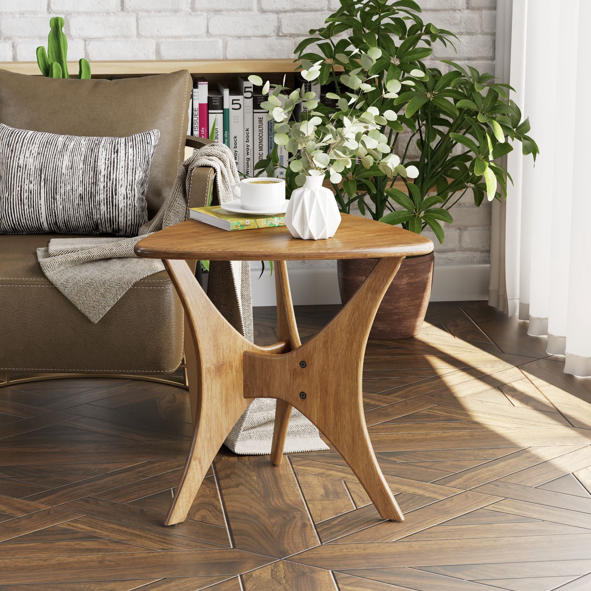 COZAYH Modern Triangle Wood End Table with Cross-Leg Rubberwood Base, Mid-Century Small Accent Side Table for Living Room, Easy Assembly, Natural, Brown