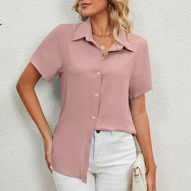 Fiudx Liquidación de Ahorros de Verano Blusa de Manga Corta con Botones y Cuello Redondo para Mujer, Blusa Holgada de Color Sólido