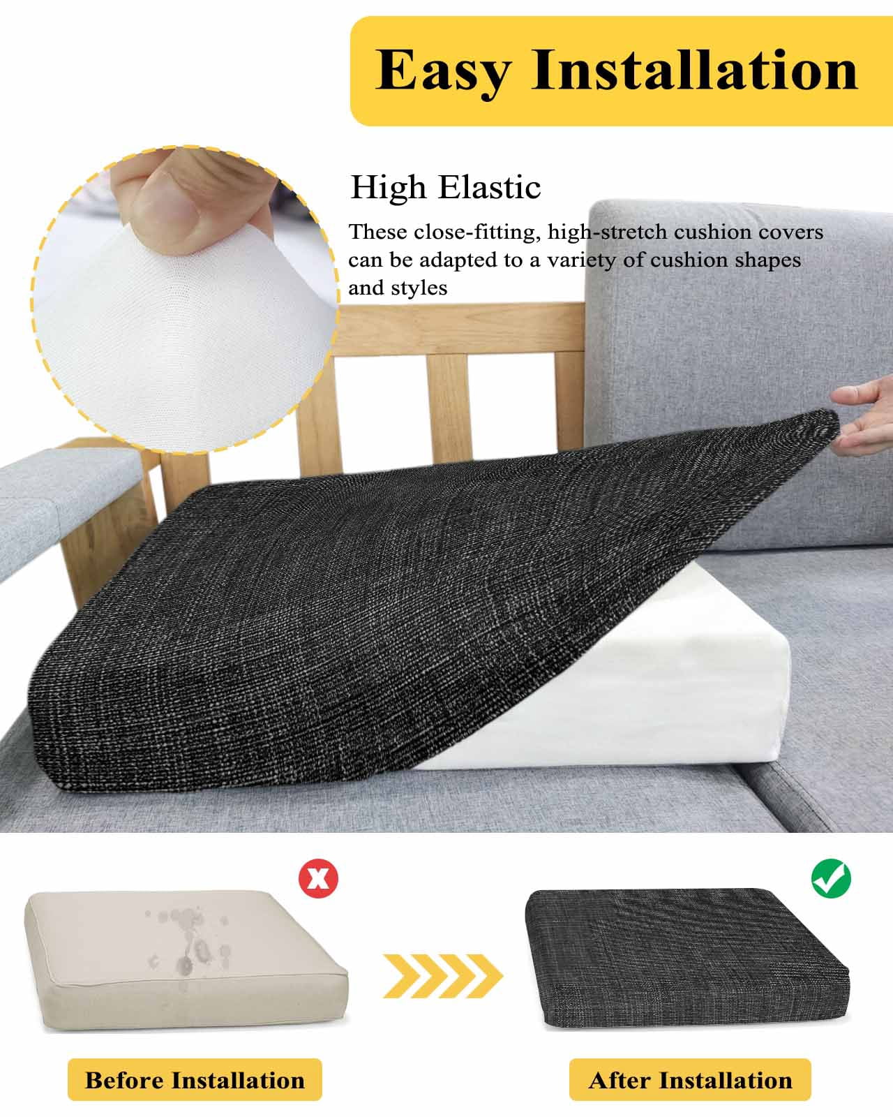 Black Burlap Texture Couch Cushion Covers Stretch, Washable Sofa Seat Covers Individual Seat Cushion Sofa Slipcovers Farmhouse Vintage Black Couch Cover Furniture Protector S-1PCS