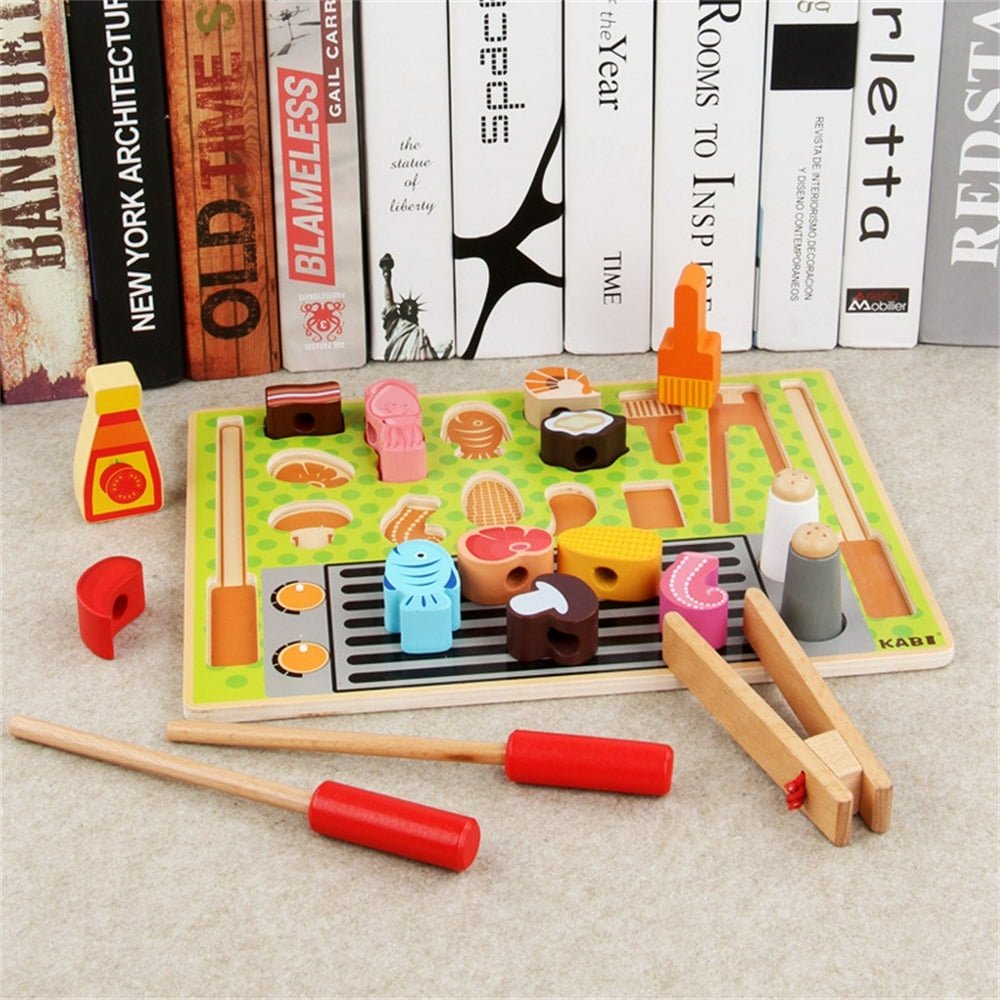 Ensemble de Jeu de Cuisine 58 Pcs en Bois pour Fille, Mini Barbecue, Gril, Nourriture, Enfants