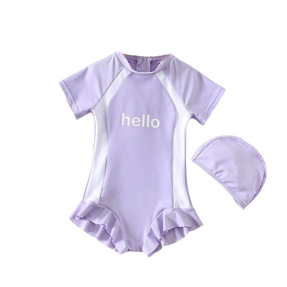 WMQPNNS Girls Rash Guard Swimsuit with Cap Short Sleeve Ruffles Bathing Suit Girl Swimwear Size 12 Two Piece Swimwear Set(Size 4-5 Years,Purple)