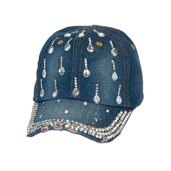 Top Headwear Teardrop Gemstone Distressed Denim Baseball Cap