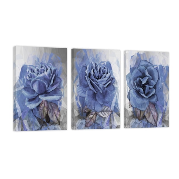 Cuadro Decorativo Canvas Revolution Tríptico Vertical Rosas Pintura Azul Set De 3 Cuadros 30x45 cm