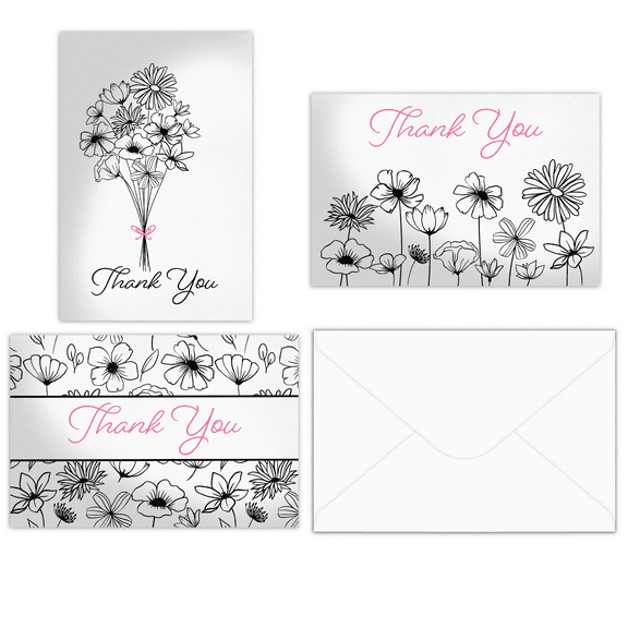 Pro Supply Global Black and White Floral Thank You Cards With Envelopes 24 Count Assortment