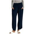 thumbnail image 2 of Mceream Linen Pants Women Wide Leg Plus Size Elastic Waisted Casual Pant with Pockets Loose Fit Side Split Flowy Beach Vacation Cropped Trousers Summer Boho Palazzo Pants Everyday WearNavyM, 2 of 6