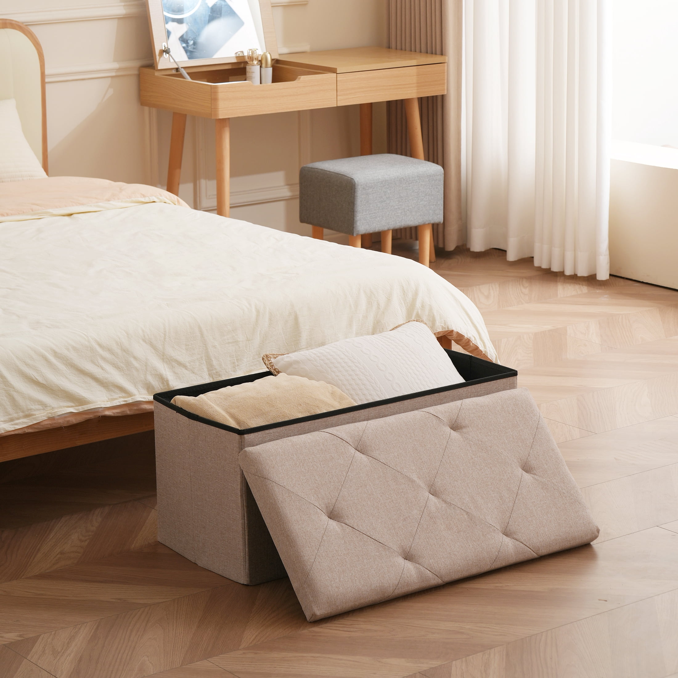 30" Folding Storage Ottoman Bench Ottoman with Storage Footrest for Living Room Beige