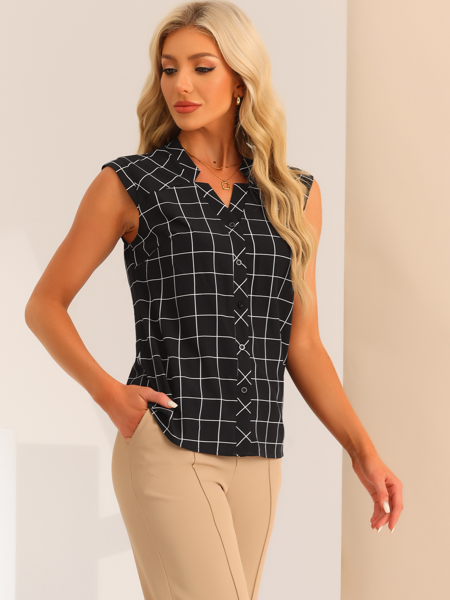 Unique Bargains Women's Sleeveless Button Down Tartan Shirt Casual Shirts Blouse L Black