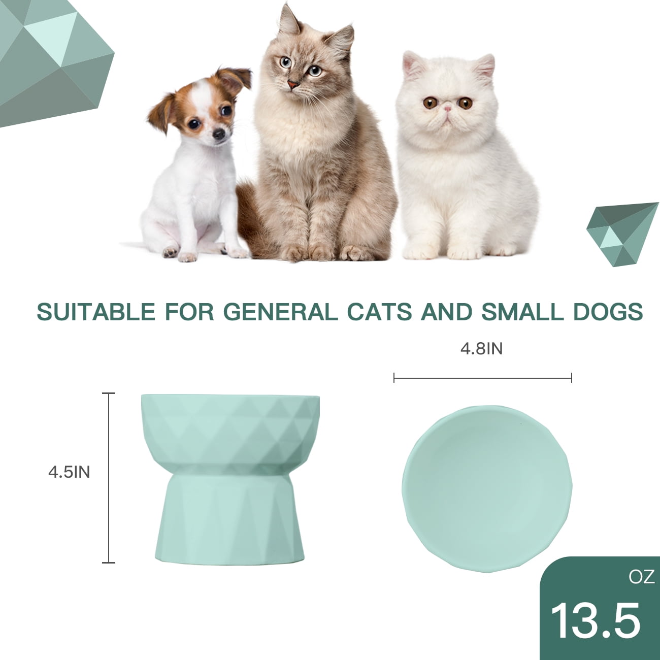 Frewinky Cat Bowls,Ceramic Cat Bowls Anti Vomiting,Raised-Cat Food and Water Bowl set for Cats and Small Dogs,13.5 Oz，Green