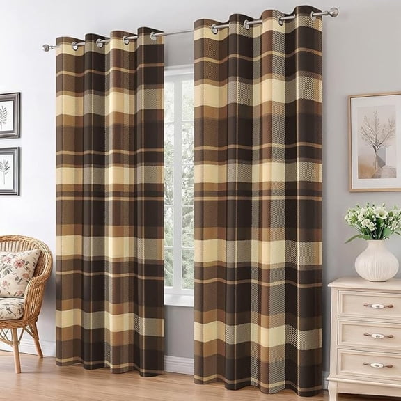 Brown Scottish Tartan Blackout Curtains for Bedroom, Thermal Gingham Check Curtains, Grommet Drapes Window, Country Plaid Room Decor Living Room 42"W x 63"L (Pack of 2)