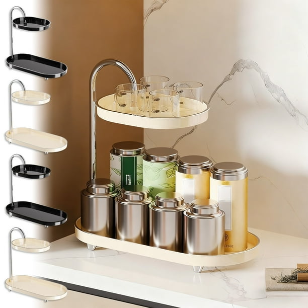 Estante organizador de almacenamiento cosmético – bandeja elíptica de doble capa, plástico brillante, varilla metálica cromada, negro/blanco, patas estables, 12,2"x12"x5,9" – Sobremesa, baño, oficina