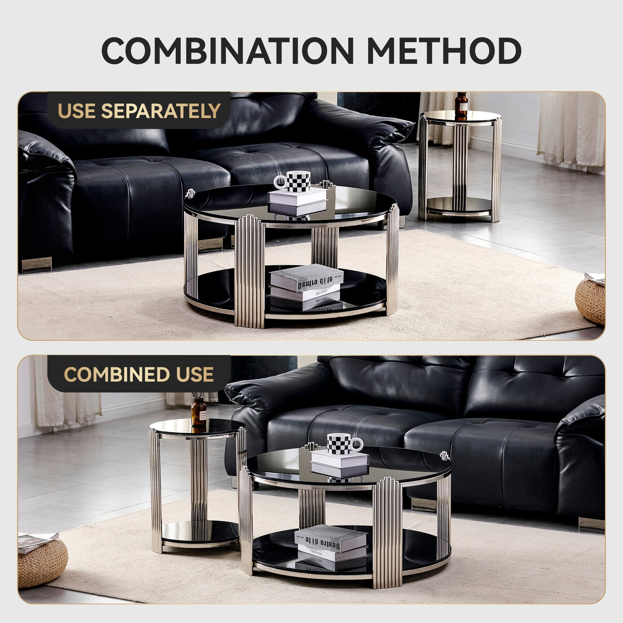 16.90 Inch Modern End Table, Bedside Table, Double-Layer Tempered Black Glass & Silver Stainless Steel Frame Living Room Table, Round Table