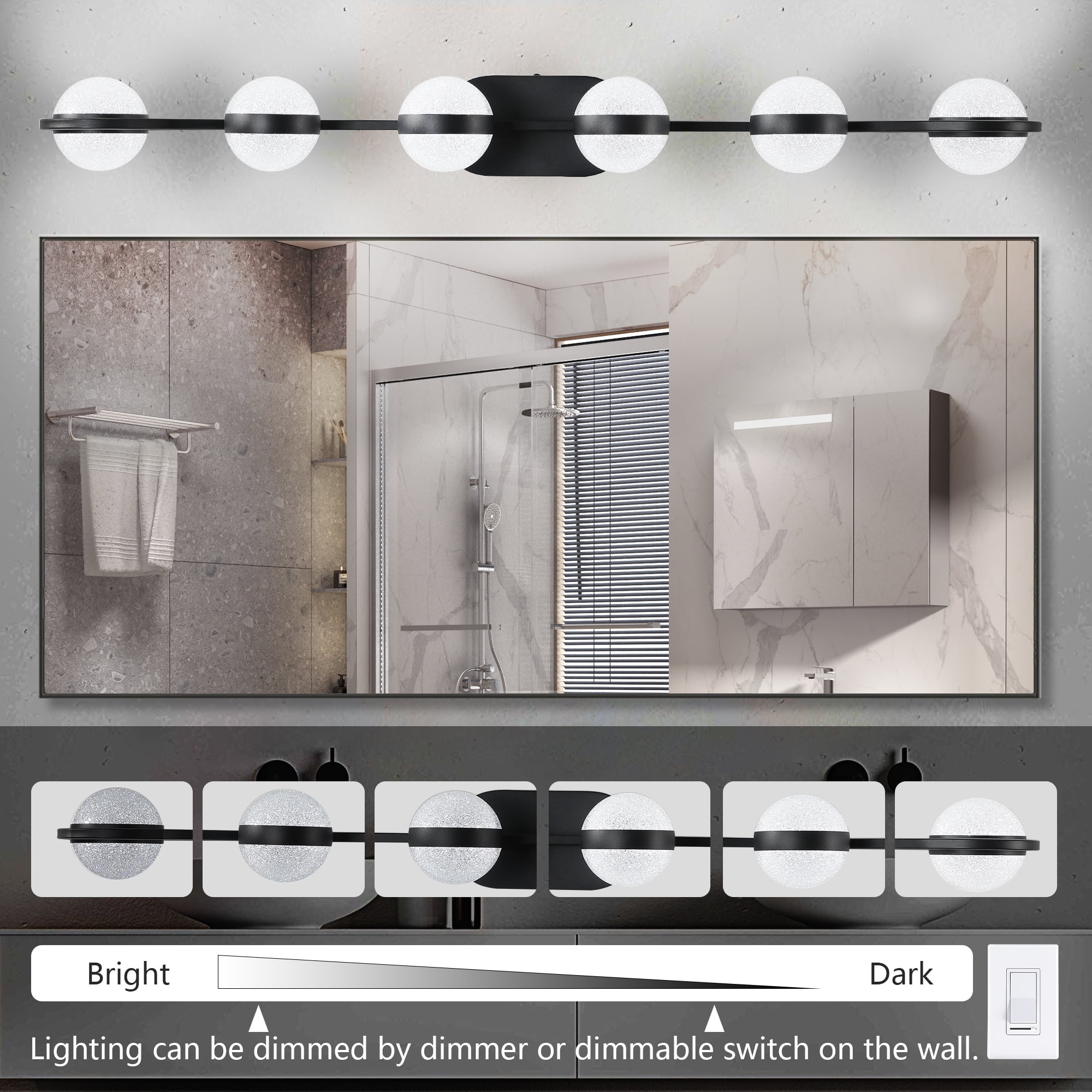 YANSUN 43.3 in Black Minimalist LED 6-Light Bathroom Vanity Light with Crystal Sand Acrylic Shades for Bathroom Mirror, Hallway, Bedroom