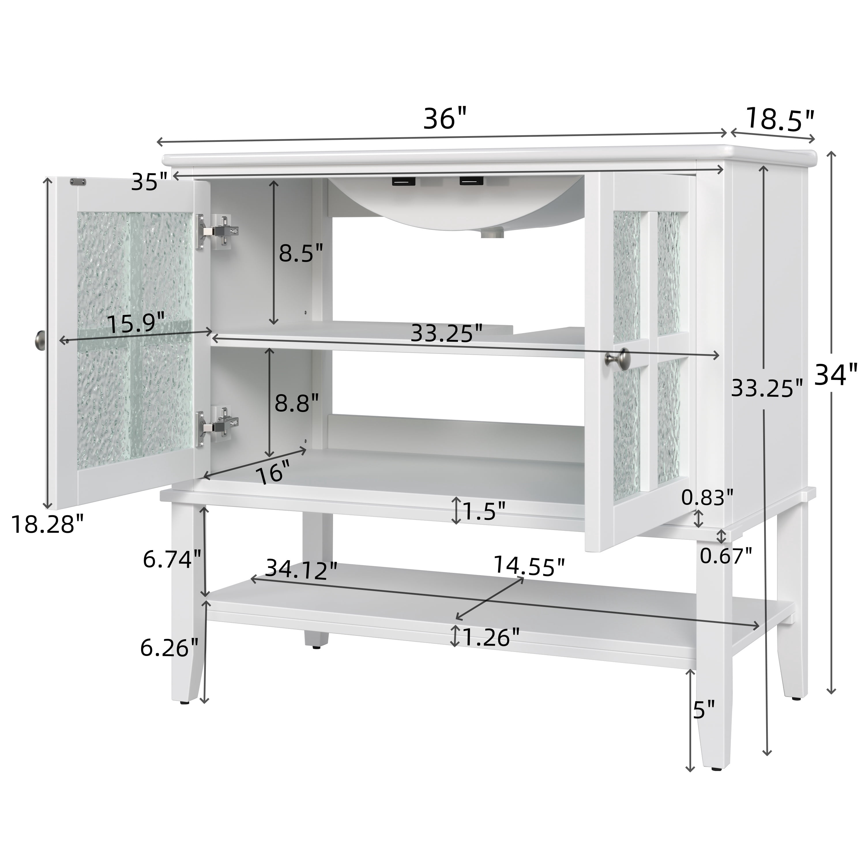 Euroco 36" Bathroom Vanity with Ceramic Sink, Textured Glass Doors, Solid Wood Legs, and Open Shelf – Modern Storage Solution