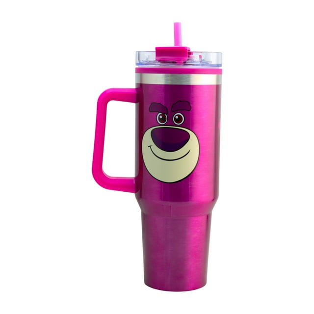 Termo Alto Doble Pared con Asa y Popote, Diseño Lotso de Toy Story 30 Aniversario, Termo Metalizado Rosa, Capacidad 1. 2 L